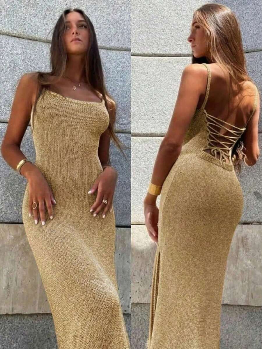 女士休闲可爱性感优雅闪亮侧开衩后背系带透视修身长款针织连衣裙无袖沙滩罩衫，适合度假、夜间外出、约会、乡村音乐节、春夏穿搭 - 金色 - 查看 1