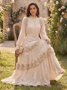 Women's Solid Color Stand Collar Dress With 3D Floral Decor (Floral Density Varies), Comes With Rhinestone Belt, Elegant Long Sleeve Maxi Dress, Suitable For Various Occasions Like Parties And Banquets Spring Wedding Party - Apricot - View 3