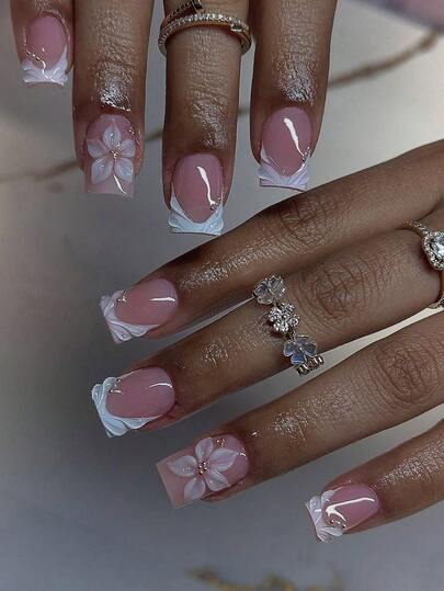 24pcs Short Square White Floral Gold Bead Press-On Fake Nails, Classic French Manicure Design, Suitable For Girls And Women For Daily Work And Holiday Dates, Spring/Summer Essential Nail Art Supplies, Comes With 1pc Gel Polish And 1pc Nail File