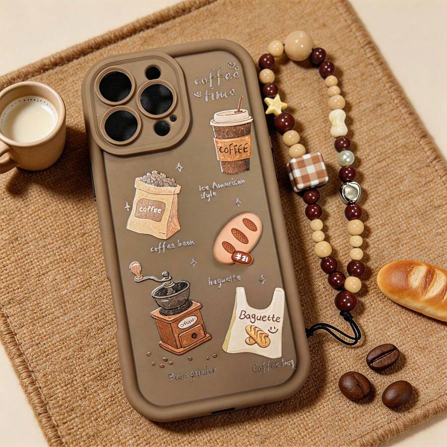 1 buah Gelang Fashion + Motif Kopi & Roti DIY Perekat Tebal Pelindung Ponsel Tahan Guncangan, Desain Minimalis Kompatibel Dengan iPhone 17 Air/17 Pro Max/17 Pro/17/16/15/14/13/12, Seri - Coklat - View 1