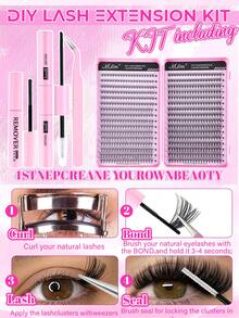 MEM 640pcs Eyelash Extension Kit, DIY Eyelash Extension Set, D-Curl Individual Eyelash Cluster Kit With Adhesive, Sealant And Eyelash Curler Tool, Suitable For Daily Use, Beginner Friendly, Great For Weddings, Dates, Parties, Holidays, Perfect For Christmas/Halloween/Gift Eyelash Set - màu đen - Xem 4