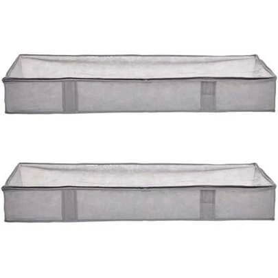 Under Bed Fabric Zipper Blanket Storage Container Bags with Window and Handles 2-Pack 18 x 42 x 6 inches Gray