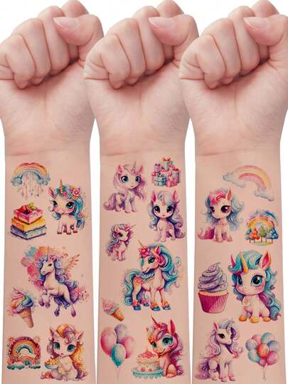 12张闪光纹身贴纸，卡通独角兽系列，145个可爱卡通独角兽彩虹云甜点蛋糕元素临时纹身贴纸，生日派对趣味艺术装饰闪光纹身贴纸，防水，可持续2-5天