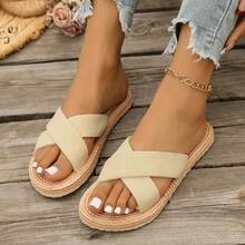 女士亚麻布套脚拖鞋，编织纹理，1.5厘米鞋跟，防滑，耐穿，休闲，适合度假、海滩、夏季穿着，平底凉鞋 - 米色 - 查看 14