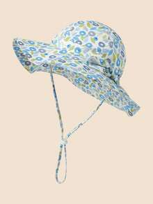 1顶婴儿碎花遮阳帽 | 女童大帽檐防紫外线渔夫帽 | 带蝴蝶结的可调节沙滩帽 - 1PC - 查看 16
