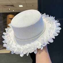 Sweet-Style Pearl Lace Straw Hat For Women, New Spring/Summer Wide-Brimmed Outdoor Sun Protection Hat, White Fedora Suitable For Use On The Beach And In Outdoor Activities. - 白色 - 查看 9