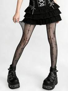 1双女士四季通用哥特式交叉渔网紧身裤，高弹黑色网眼连裤袜，朋克性感风，适合夜店和日常穿着 - 彩色 - 查看 10