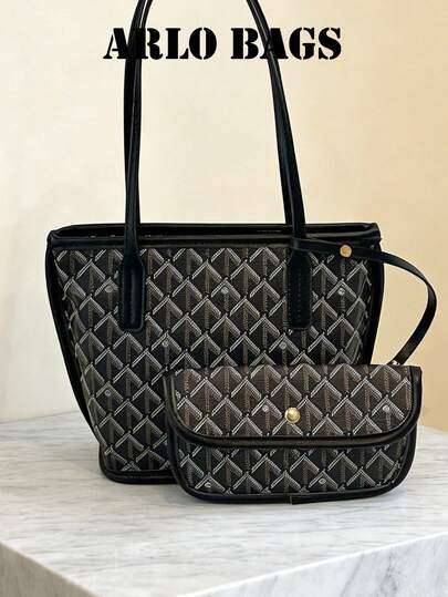 New Fashion Classic Versatile Large Capacity Double Handle Letter Pattern Decoration Design Contrast Color Design One Shoulder Tote Bag Two In One Combination Bag, Women's Wallet, Elegant Business Commuter Bag, Suitable For Commuting To Work. Use When Going Out Shopping