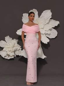 手工串珠露肩紧身绷带连衣裙，性感修身，适合家庭聚会、派对、宴会、鸡尾酒会、婚礼等场合。 - 淺粉色 - 查看 2