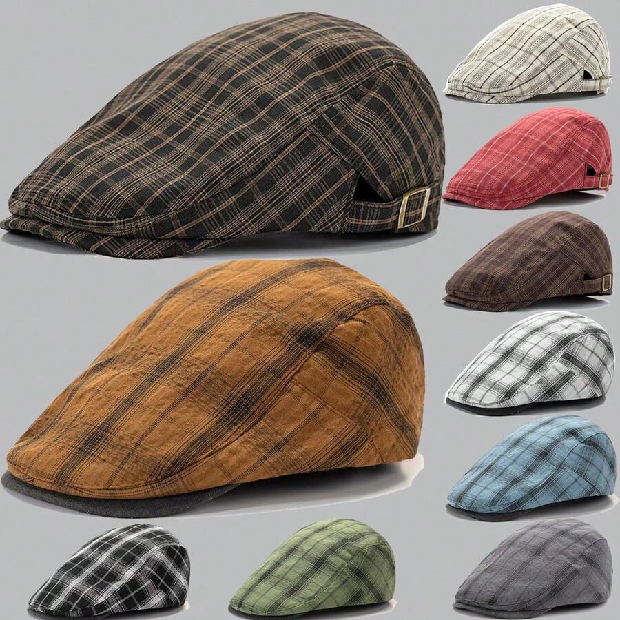 2款男士贝雷帽褶皱格子帽女士前檐帽报童帽平顶帽可调节帽子 - 時尚 - 查看 1