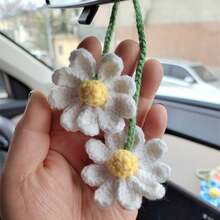 1pc Handmade Knitted Car Interior Hanging Decor, Floral Rearview Mirror Pendant, Fabric Binding Design, Car-Specific Decorative Hanging Accessory, Fresh And Cute Car Interior Accessory - Chrysanthemum Fabric - View 2