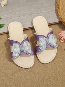 1 Pair Girls' Fashion Slippers, Shiny Colorful Crystal Mesh Butterfly Decor, Round Toe Open Toe Soft Non-Slip Slip-On Design, Fashionable Princess Beach Slippers For Daily, Vacation, Holiday Party, Spring/Summer New Arrival - Purple - View 3