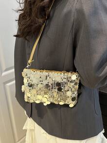 1 chiếc túi vuông nhỏ bằng PVC đính sequin, kiểu dáng chần bông, có thể đóng mở, dùng làm ví đựng tiền xu và điện thoại, túi dự tiệc, túi đeo chéo thời trang mới, túi đeo vai lấp lánh sang trọng, phù hợp cho phụ nữ tham dự tiệc và các sự kiện. - Vàng - Xem 3
