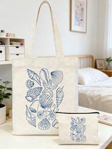 Ocean Theme Canvas Tote Bag, With Starfish And Shell Pattern, Large Capacity Women's Shoulder Bag, Portable Tote Bag, Multi-Functional Storage Bag, Commuter Shopping Bag, Foldable Large Capacity Casual Grocery Bag, Perfect Gift For Friends Who Love The Ocean, Women, Mothers, Teacher's Day, Back To School Season, Birthday Holiday, Spring And Summer Beach Vacation - Multicolor - View 11