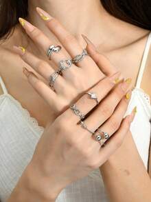 8pcs Stainless Steel Butterfly Criss-Cross Ball Spiral Rhinestone Rings, Suitable For Daily Wear, Festivals, Dates - Silver - View 5