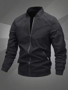 Suitable As A Father's Day Gift, Men's Outdoor Sports Jacket, Bomber Jacket, Letter Embroidery, Fashionable Versatile Pilot Jacket - Black - View 1