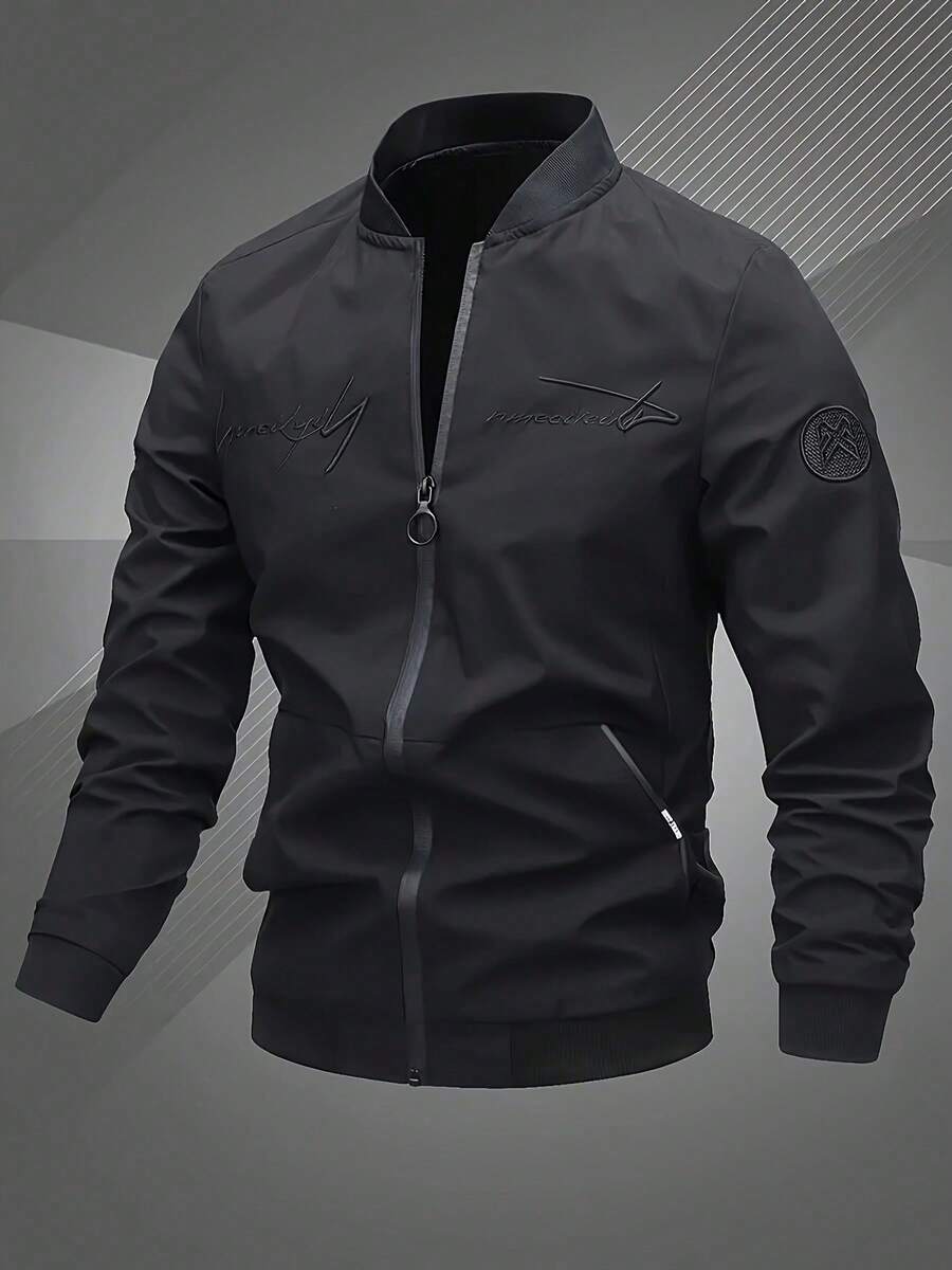 Suitable As A Father's Day Gift, Men's Outdoor Sports Jacket, Bomber Jacket, Letter Embroidery, Fashionable Versatile Pilot Jacket - Black - View 1