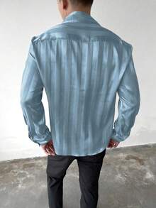 Camisa casual de manga larga con botones y estampado de rayas para hombre - Celeste - Ver 7