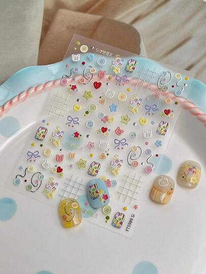 1 pieza de pegatina de uñas 5D 3D con relieve de dibujos animados, oso de dibujos animados lindo, decoración de lazo pequeño, accesorio de uñas DIY