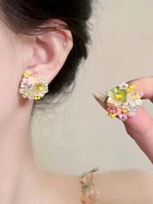一对优雅可爱的时尚百搭小众绿色花朵耳环，适合女性日常、节日、派对佩戴 - 彩色 - 查看 3