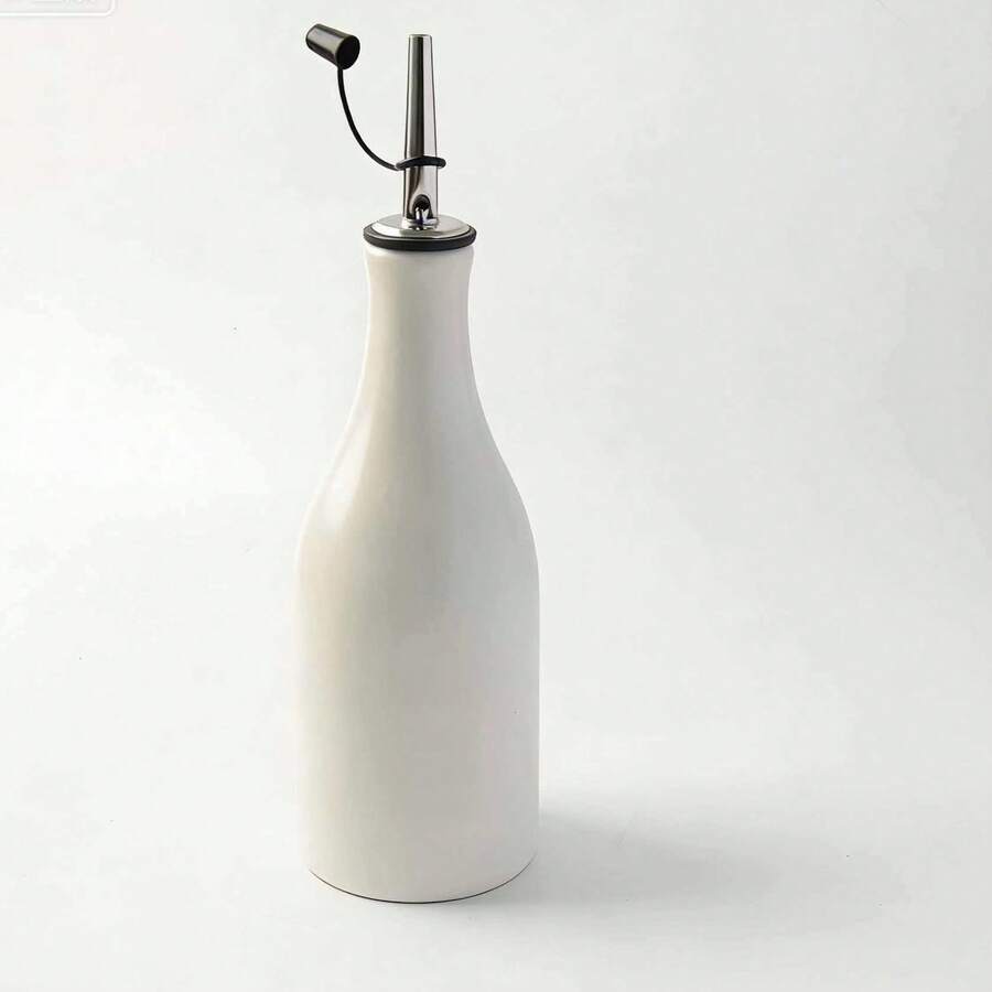 1pc Solid Color Ceramic Oil & Vinegar Dispenser Bottle 300ml, Leak-Proof Seasoning Dispenser With Free PVC Label, Suitable For Home Kitchen, Cooking, Salad Making, Grilling, Camping And Holiday Meal Prep - White - View 1