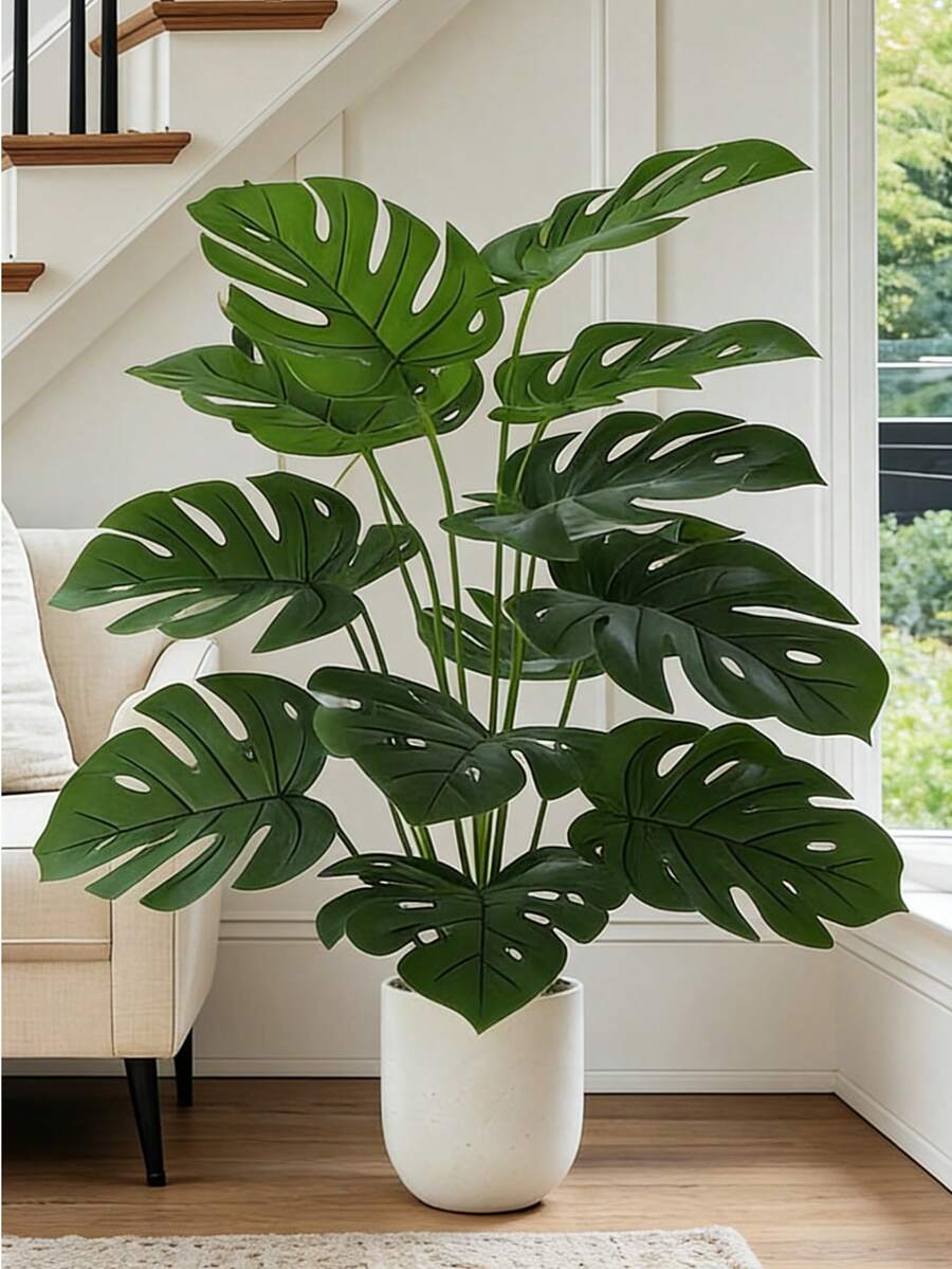 65厘米/74厘米/84厘米大型仿真植物,家居装饰,装饰树,无盆仿真植物,假植物,假树,假龟背竹树,塑料棕榈叶,绿色龟背竹叶,地面树枝,无盆,18片叶子,热带香蕉树,适用于花园、家居、厨房、派对装饰 - 彩色 - 查看 1