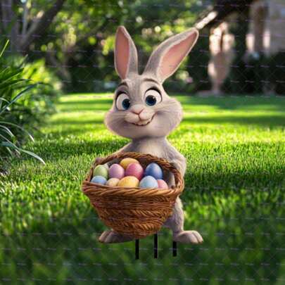 Cross-Border E-Commerce: Cute Easter Bunny And Basket, Garden Stake Combination - 2D Acrylic Green Fashion Glasses And Flower Pot Decorations, Cute Animal Series Ground Plug, Suitable For Easter, Teacher's Day, Thanksgiving And New Year Celebration Classic Outdoor Courtyard Art