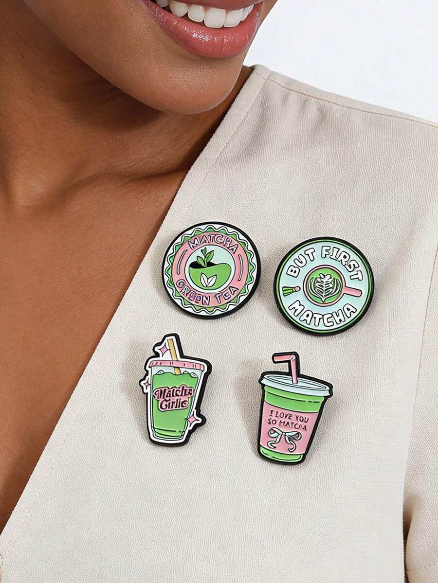 4枚抹茶爱好者珐琅胸针，抹茶女孩风格，抹茶绿茶主题别针，翻领徽章，送给朋友的珠宝礼物 - 綠色 - 查看 1