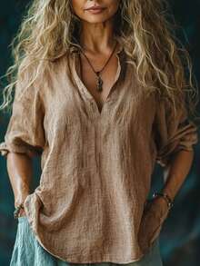 Women's Fashionable Elegant Casual Loose Solid Color Top, Suitable For All Seasons Spring - Coffee Brown - View 2
