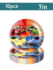 Juego de 10 piezas/Set de decoraciones para fiesta de cumpleaños con tema de autos, juego de vajilla desechable con patrón de autos de carreras que incluye platos, vasos, servilletas, adecuado para fiestas de cumpleaños con tema de carreras para niños - A - Ver 7