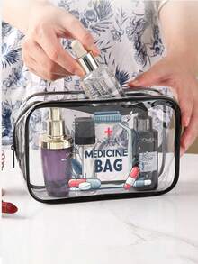 Large Capacity PVC Travel Storage Bag With Zipper Closure, 3 Sizes Available, Printed With "Medicine Bag" Pattern, Suitable For Cosmetics Storage, Lightweight And Fade-Resistant, Large Capacity Chain-Style Travel Toiletry Bag, Travel Makeup Bag, Skincare Storage Bag, Desktop Organizer Bag, Easy To Clean Design, Suitable For Travel, Bathroom, Dorm Use, Practical Storage Tool, Valentine's Day Gift - Multicolor - View 3