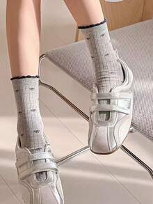 4 Pairs Spring/Summer New Minimalist Fresh Solid Color & Floral Mid-Calf Socks, French Elegant Layered Socks - Multicolor - View 4