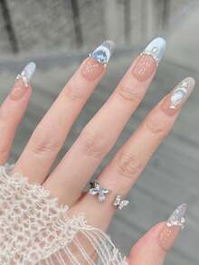 10pcs/Set Press On Manicure, Blue Danube, Bursting Flash, Cat's Eye, Gilt, Pile Of Rhinestones, Graceful, Gentle, Handmade, Wearable Nail Art - Multicolor - View 3