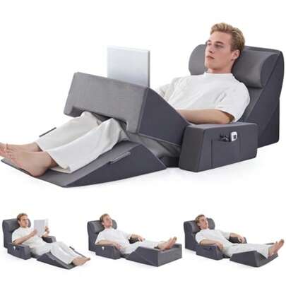 9PCS Wedge Pillow Set for After Surgery Recovery Adjustable Memory Foam Neck Pillow Foam Leg Pillow Relieves Neck Leg Pain Sleep Apnea Reading Pillow with Breathable Seersucker Dark Grey