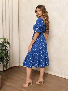 Women's Midi Dress With Floral Print, Square Neckline, Puff Sleeves, A-Line Silhouette, Ruffled Hem, Knee-Length. - 寶藍色 - 查看 4