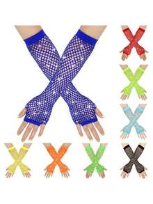 2pcs 1980s Neon Street Party Punk Rhinestone Fishnet Fingerless Gloves, Suitable For Halloween Party, Mother's Day Gift, Ball Dance Hollow Gloves, Party Fishnet Elastic Mesh Gloves, Fashion Neon Fishnet Long Fingerless Gloves - Multicolor - View 8