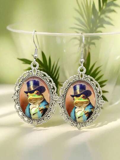 Vintage Gentleman Frog Drop Earrings - Oval Hollow Silver With Hat And Blue Suit - Imaginative Victorian Lady Jewelry