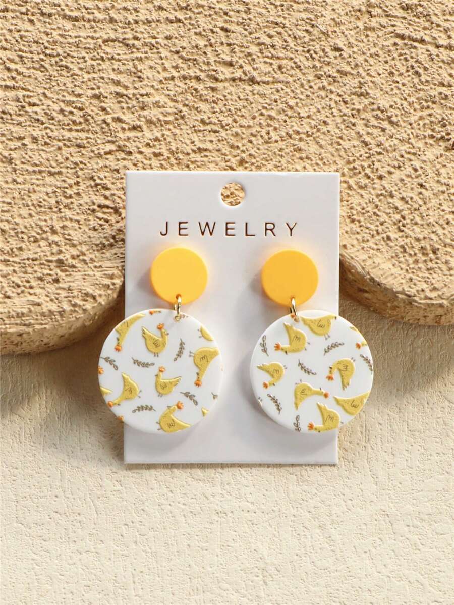 1对女士小鸡印花陶瓷质感可爱圆形亚克力耳环 - 彩色 - 查看 1