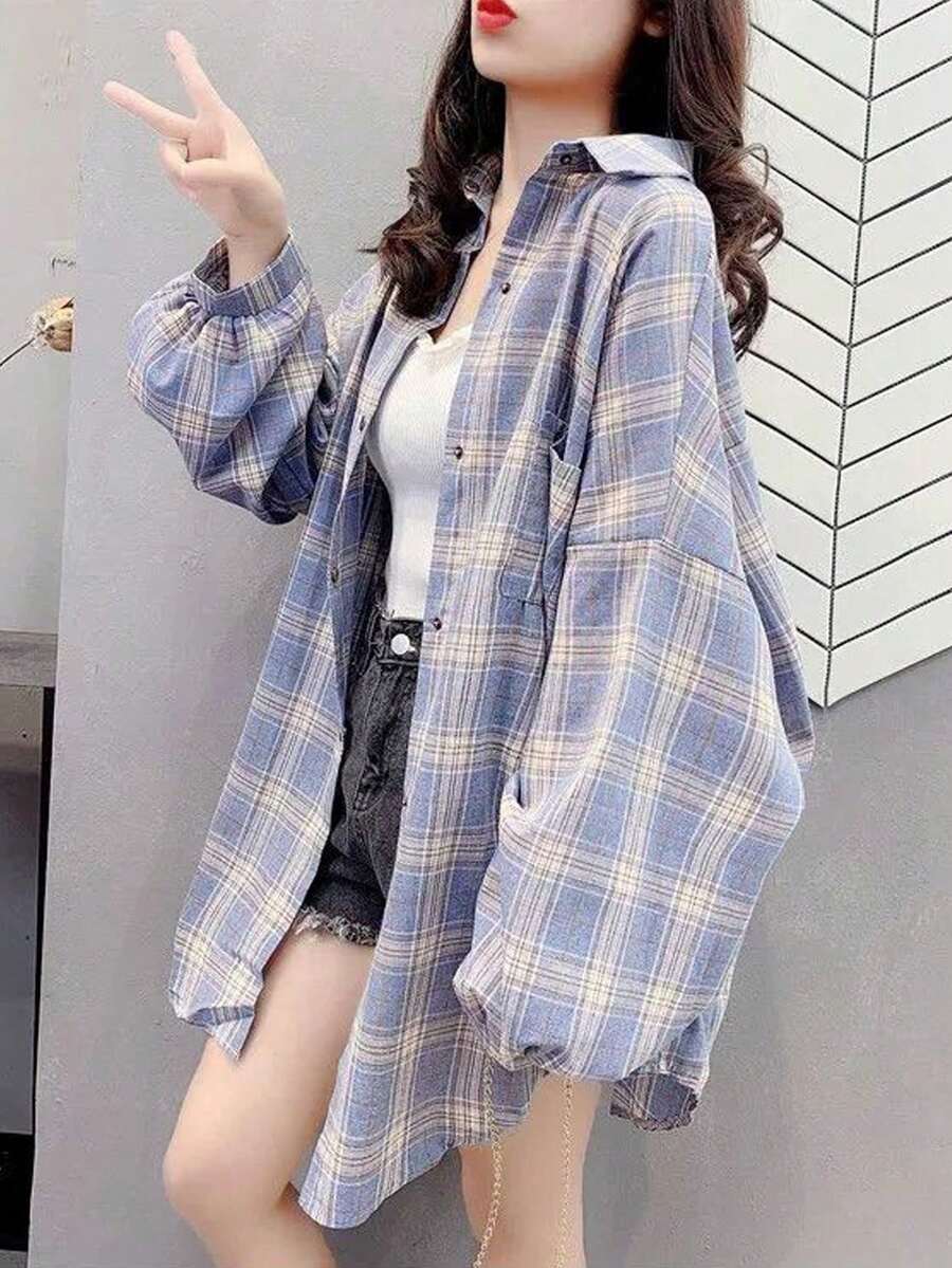 Áo sơ mi tay dài vai rớt dáng rộng cài cúc phía trước, kiểu dáng thường ngày đa năng, phối nhiều chất liệu vải ngẫu nhiên, thích hợp cho mùa đông. - Màu xanh lam - Xem 1