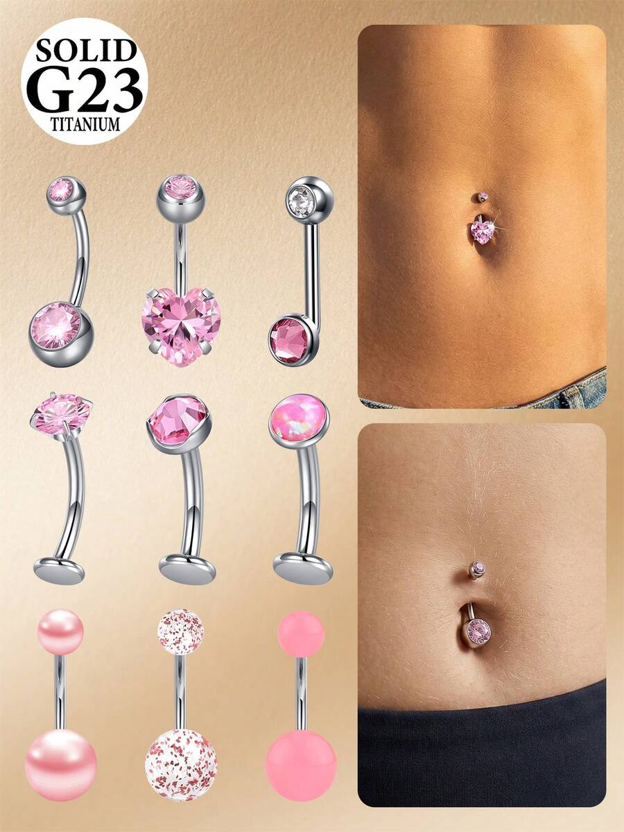 CIZME 14G钛合金肚脐环 - 粉色圆形锆石肚脐环，女士款，锆石心形蛋白石肚脐穿孔，银粉色 - 粉色 - 查看 1