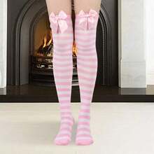 Women Thigh High Stockings Stylish Comfortable Striped Pattern Bow Decorative Socks For Daily Cosplay Party - Pink - View 5