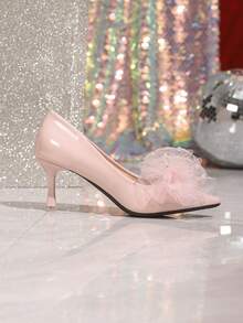 Pointed Toe Elegant Pink High Heels, Women's New Arrival Summer Pointed Toe Low Vamp Thin High Heels, Pearl & Rhinestone Bow Decor, Socialite Party Wedding Formal Shoes, Fashionable Sexy Kitten Heels, Comfortable Versatile Plus Size Business Casual Formal Footwear, Pair With Dresses, Blouses For Outdoor Occasions - Pink - View 4