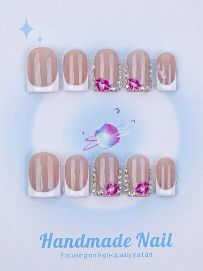 10片/套 手工方形美甲贴片，Y2K 酷炫风格，裸色和白色法式贴片，水晶装饰设计，适合派对、婚礼、日常佩戴，包含美甲工具，是送给女性和女孩的绝佳礼物。