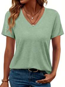 3pcs Solid Color V-Neck Short Sleeve Tops, Women's Fashion Spring/Summer New Casual Loose Comfortable T-Shirts, Versatile For Daily Wear, Commuting, Machine Washable - Suitable For Spring/Summer Everyday And Home Wear - Pink + Pea Green + Sea Blue - View 3