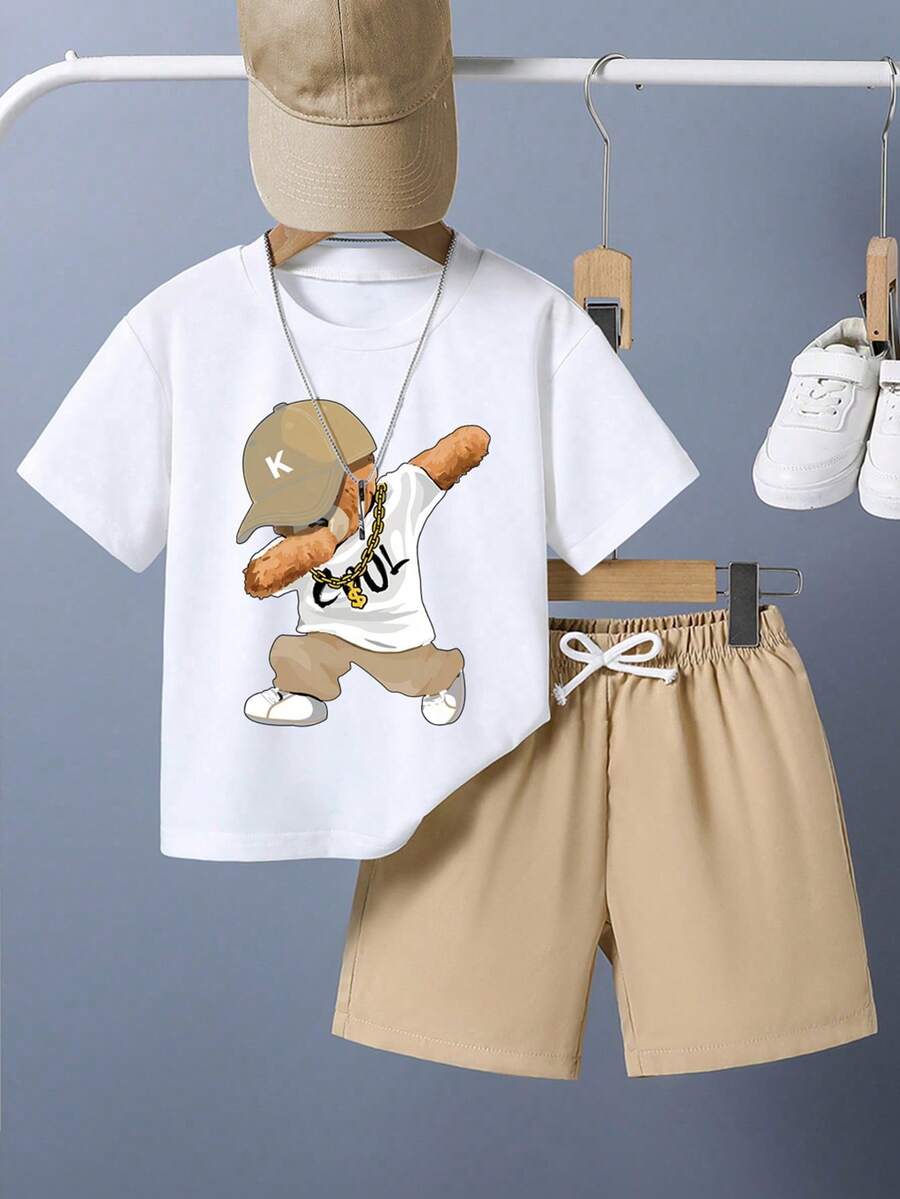 Conjunto informal de camiseta de manga corta con cuello redondo y estampado de dibujos animados, y pantalones cortos para niño pequeño, adecuado para uso diario en verano - Blanco - Ver 1