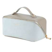 KEYPOWER - Bolsa de cosméticos de piel sintética de gran capacidad bolsa de maquillaje de viaje ligera portátil con asa y divisor para mujer Gris Bolsa de maquillaje de viaje de gran capacidad - como en la foto - Ver 1