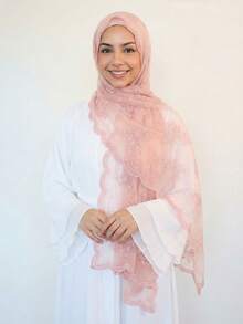 1pc Women's Solid Color Embroidered Floral Hijab Scarf, Contrast Color Floral Embroidery Elegant Fan-Shaped Embroidered Edge, Lightweight Breathable Soft Style, Multifunctional Headscarf, Suitable For Daily Use As Scarf, Waistband, Shawl, Wedding Veil - Multicolor Wavy Edge Embroidery - View 2