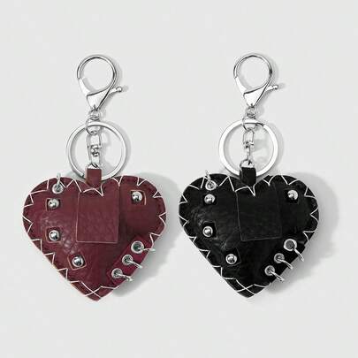 1pc Y2K Retro Unique Personality Sweet Goth Style Burgundy/Black Leather Handmade Stitched Double-Sided Rivet Hollow Circle Heart DIY Keychain Bag Charm, Suitable For Women, Girls, Sisters, Friends, Daily Wear, Holiday Gift