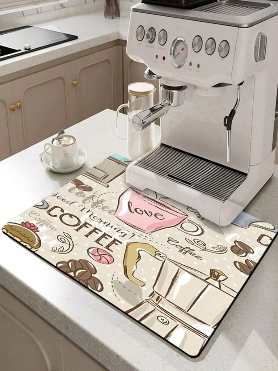 1/2 Pieces Rubber Draining Mat, Coffee-Themed Draining Mat, Minimalist Kitchen Mat, Non-Slip Heat-Resistant Placemat, Holiday Tableware Draining Mat, Durable Diatomaceous Earth Table Mat - Khaki Pink - View 1