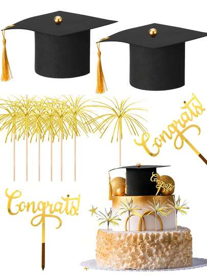 一套黑金毕业蛋糕装饰套装，毕业派对蛋糕装饰，毕业同学聚会蛋糕装饰，毕业蛋糕DIY装饰，毕业甜点装饰，返校氛围营造，毕业礼物蛋糕装饰